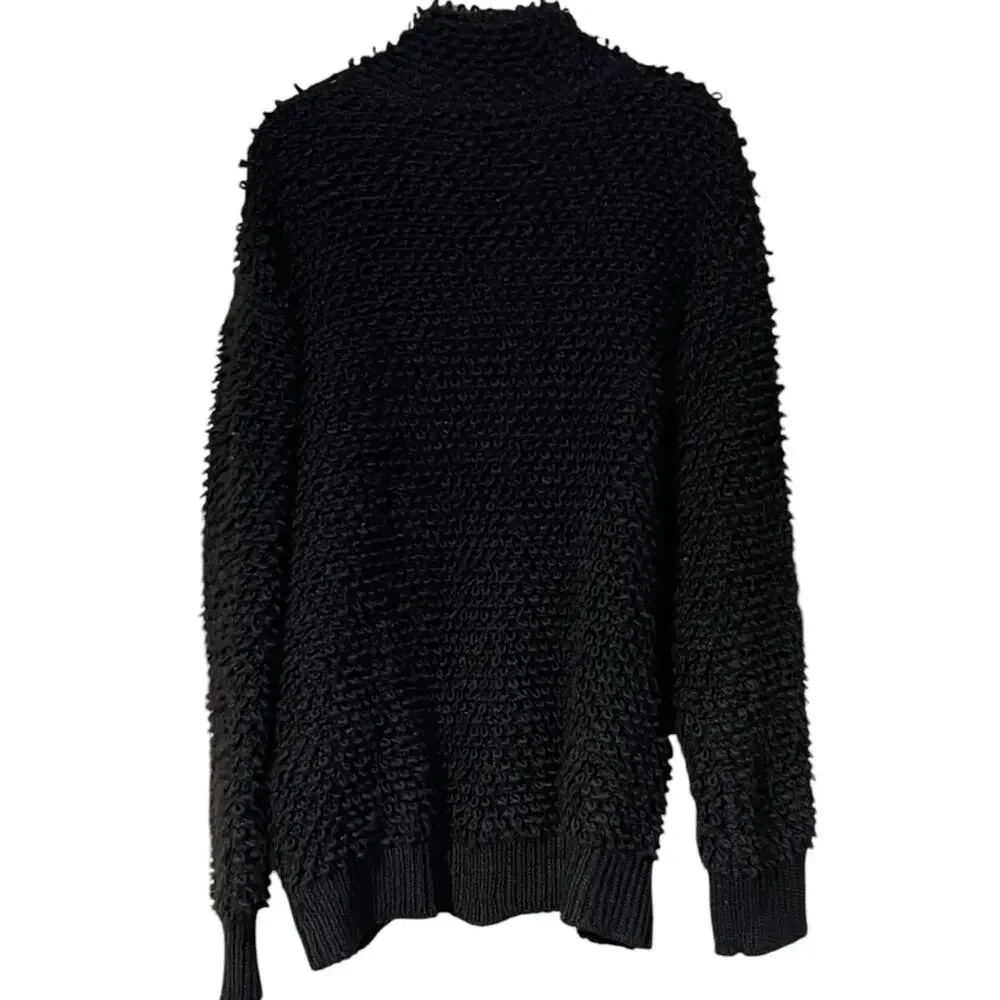 Treasure & Bond Womens Black Fuzzy Cozy Loop Yarn Front Zip Cardigan Large NWT